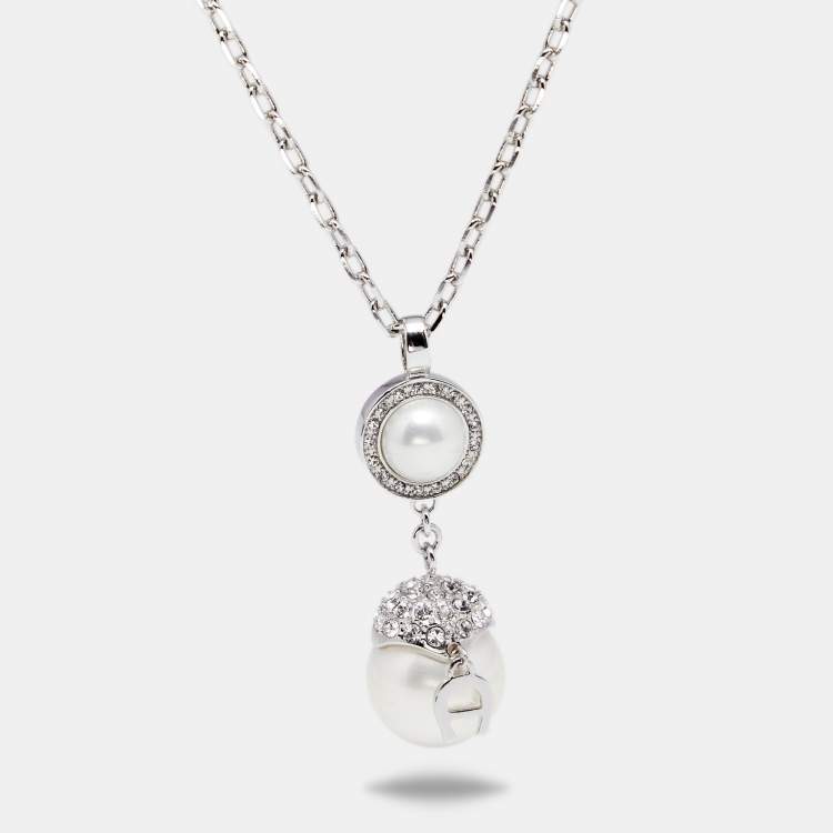 Pre Owned Aigner Silver Tone Crystal & Pearl Drop Necklace