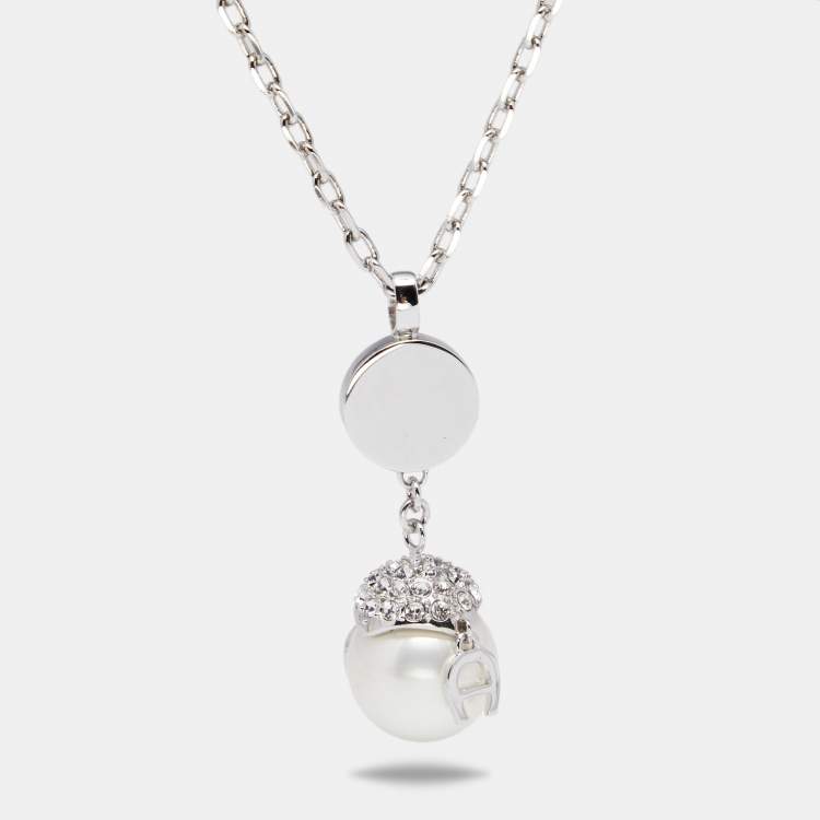 Pre Owned Aigner Silver Tone Crystal & Pearl Drop Necklace