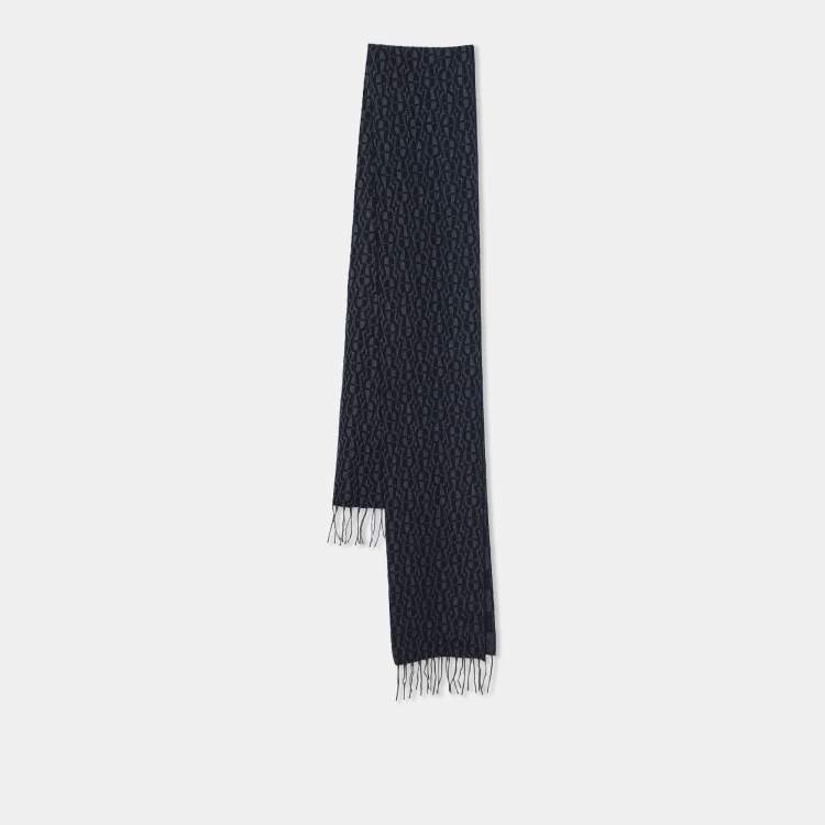 Pre Owned Aigner Black and Grey Wool Horseshoe Logo Fringed Scarf