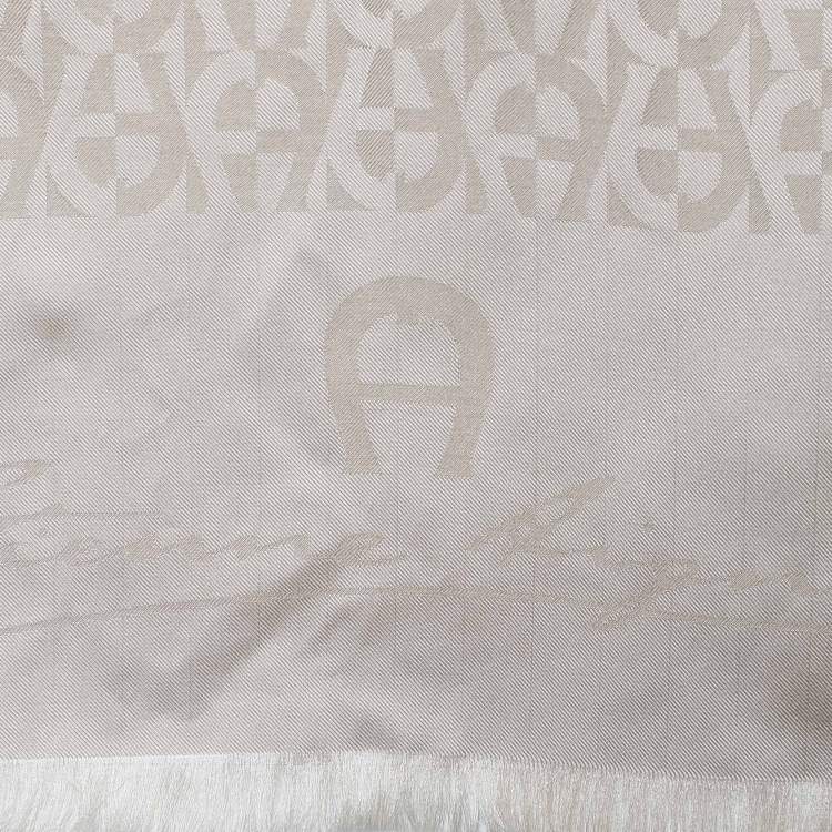 Pre Owned Aigner Cream Logo Silk Jacquard Fringe Trim Scarf