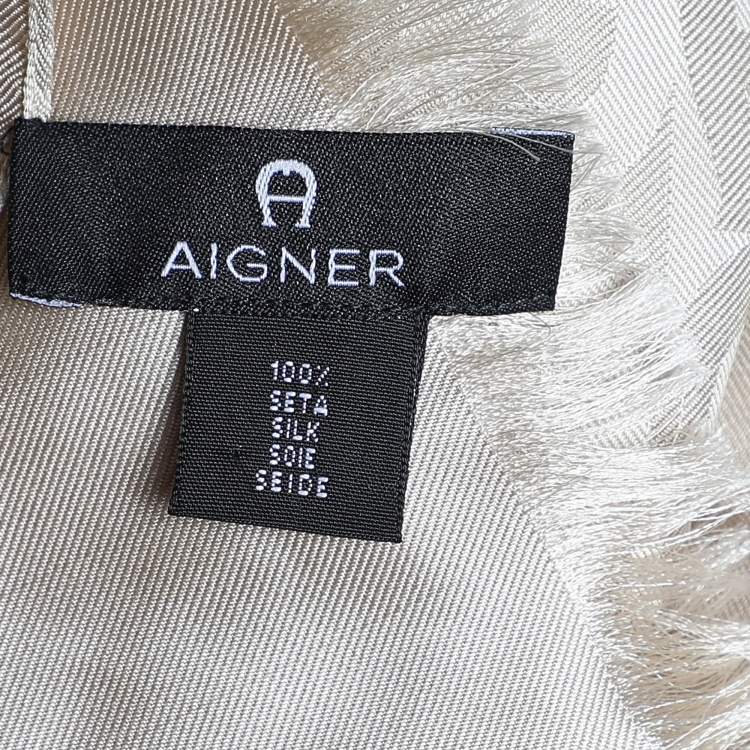 Pre Owned Aigner Cream Logo Silk Jacquard Fringe Trim Scarf