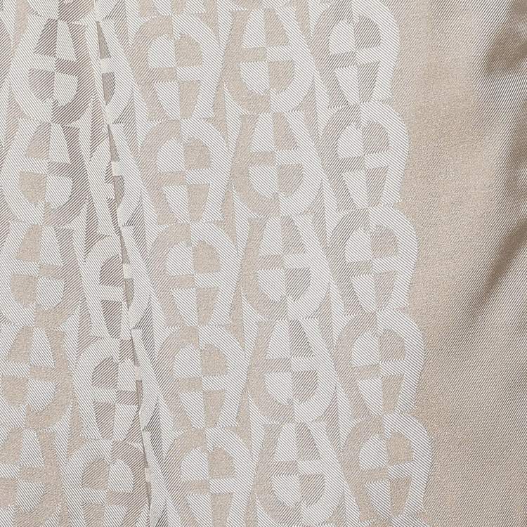 Pre Owned Aigner Cream Logo Silk Jacquard Fringe Trim Scarf