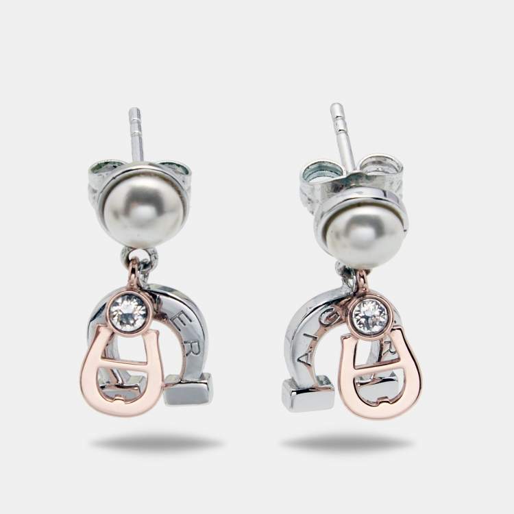 مملوكة مسبقًا Aigner Faux Pearl Crystals Two Tone Metal Earrings