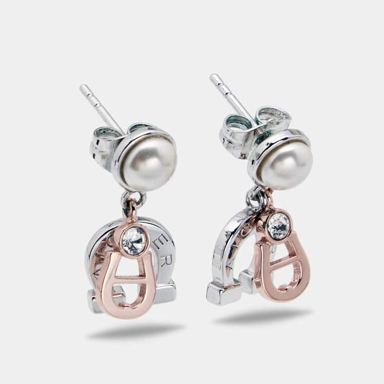 مملوكة مسبقًا Aigner Faux Pearl Crystals Two Tone Metal Earrings