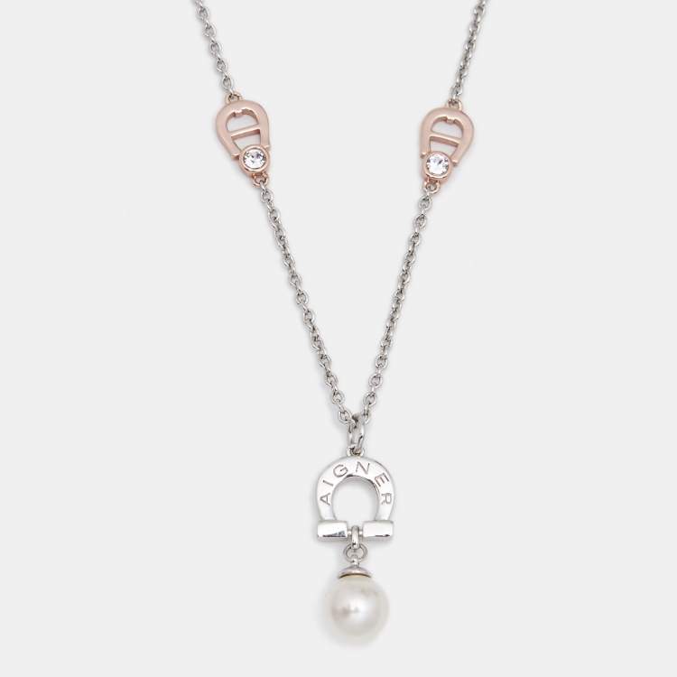 Pre Owned Aigner Faux Pearl Crystals Two Tone Metal Necklace
