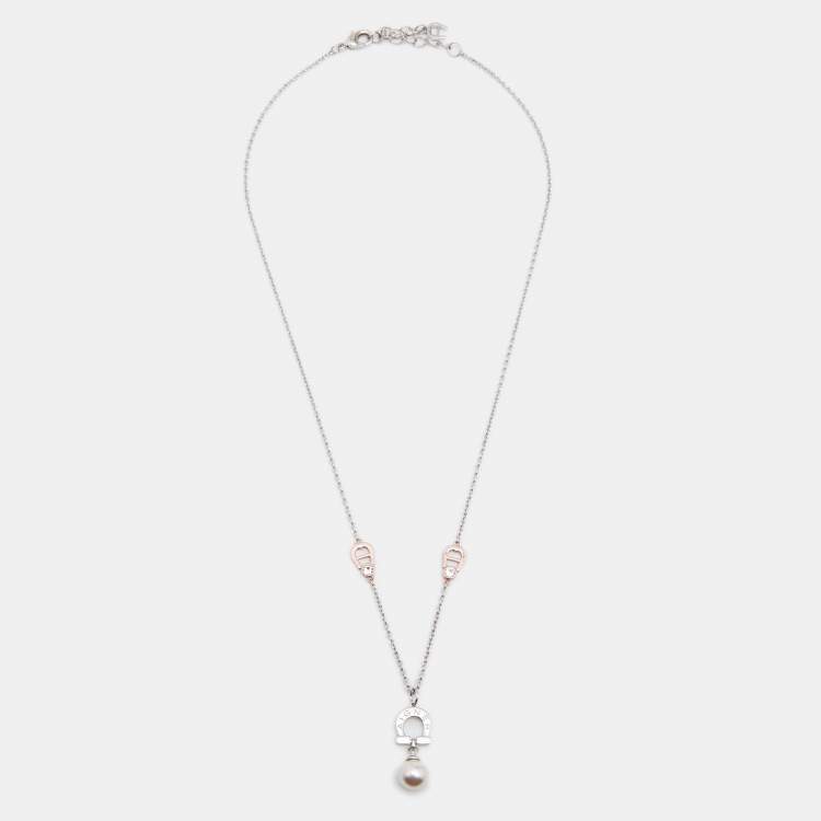 Pre Owned Aigner Faux Pearl Crystals Two Tone Metal Necklace