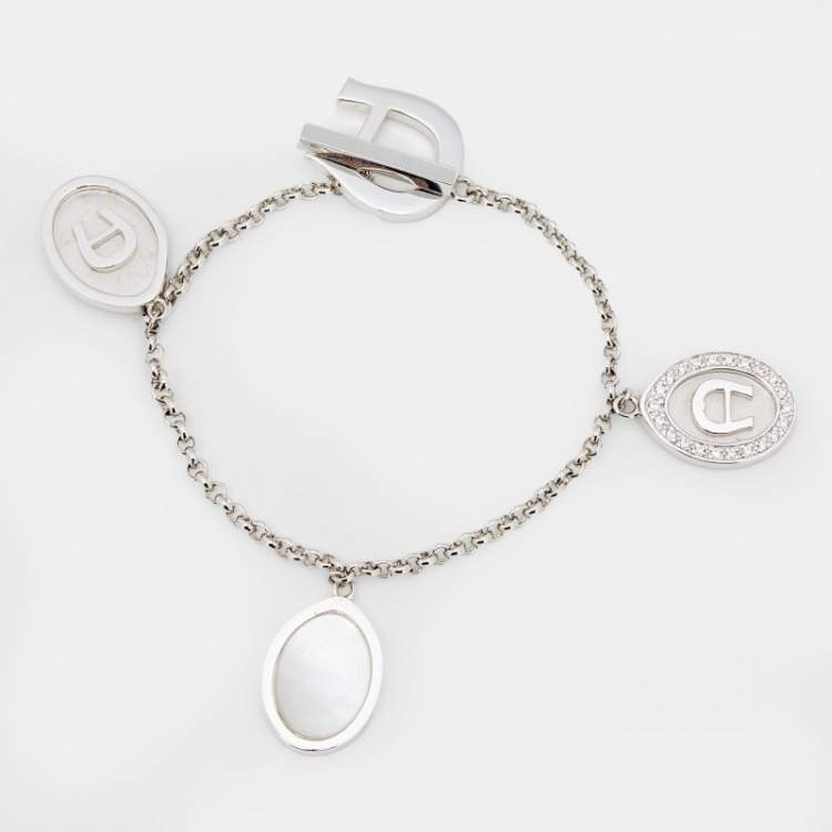 Pre Owned Aigner Crystals Mother of Pearl Silver Tone Metal Bracelet