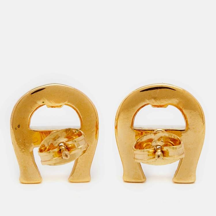 Pre Owned Aigner Gold Tone Crystal Logo Stud Earrings