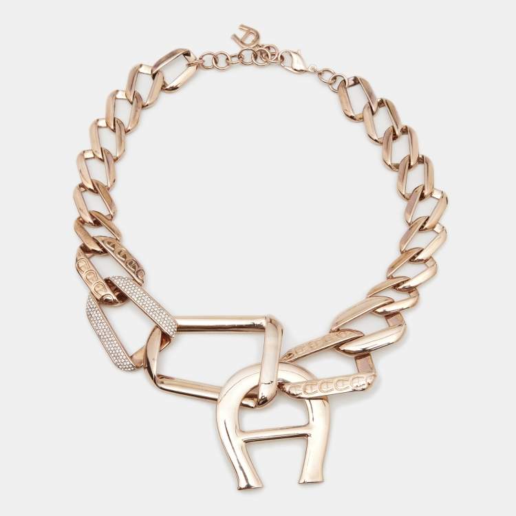 Pre Owned Aigner Pisa Crystals Rose Gold Tone Bracelet Necklace and Earring Set