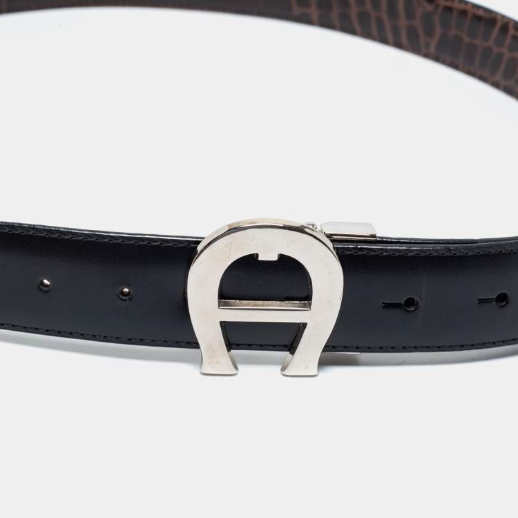Pre Owned Aigner Black/Dark Brown Croc Embossed and Leather Logo Reversible Cut To Size Belt 