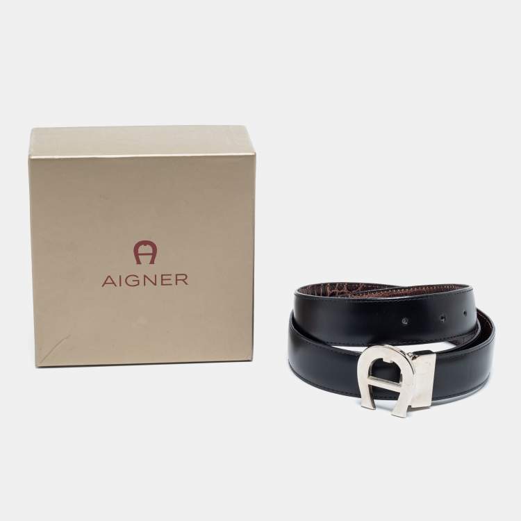 Pre Owned Aigner Black/Dark Brown Croc Embossed and Leather Logo Reversible Cut To Size Belt 