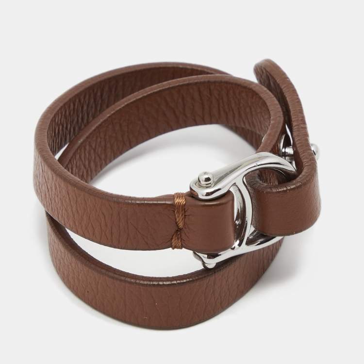 Pre Owned Aigner Brown Leather Double Tour Logo Bracelet
