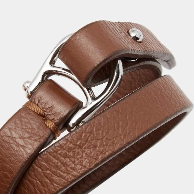Pre Owned Aigner Brown Leather Double Tour Logo Bracelet