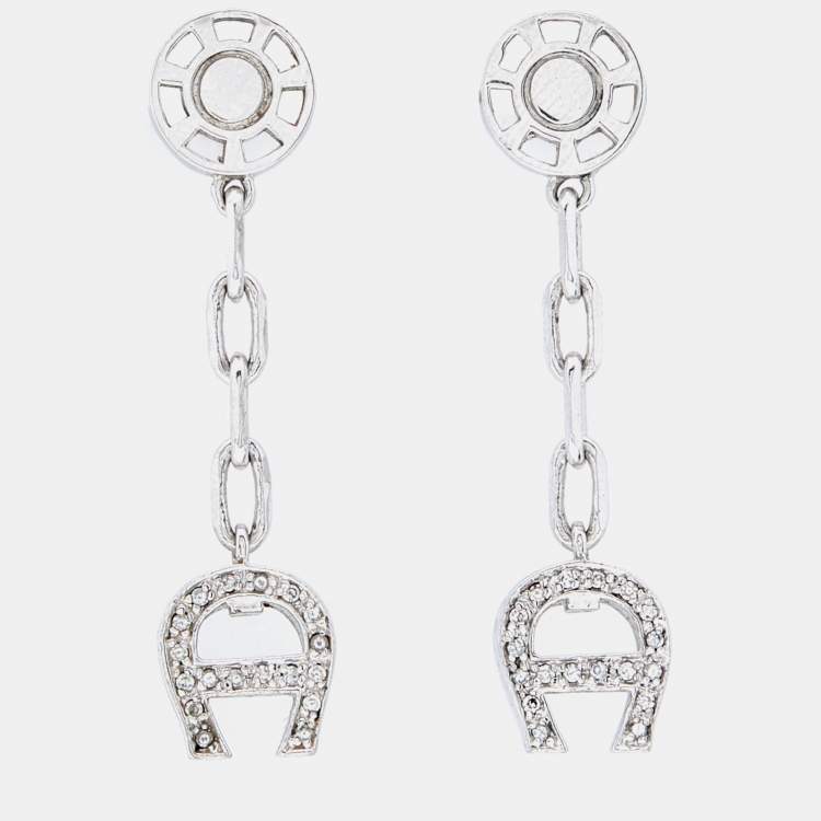 Pre Owned Aigner Silver Tone Crystal Logo Drop Earrings