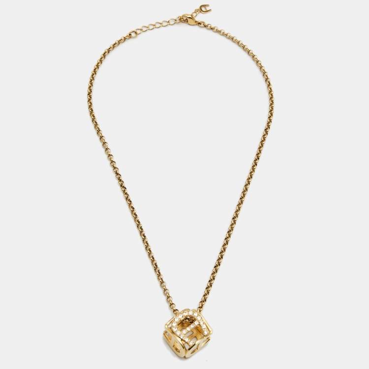 Pre Owned Aigner Gold Tone Crystal Cube Pendant Necklace