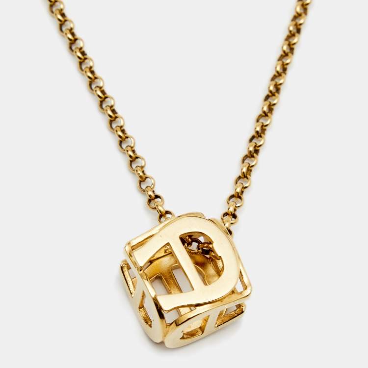 Pre Owned Aigner Gold Tone Crystal Cube Pendant Necklace