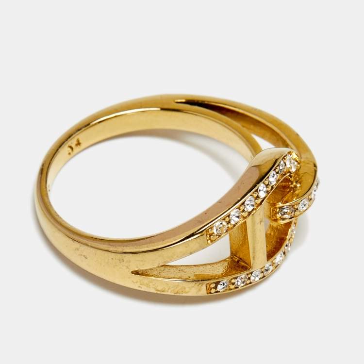 Pre Owned Aigner Gold Tone Crystal Embellished Logo Ring Size EU 54