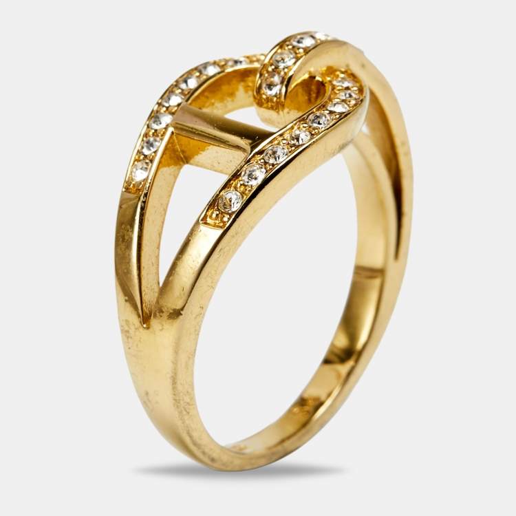 Pre Owned Aigner Gold Tone Crystal Embellished Logo Ring Size EU 54