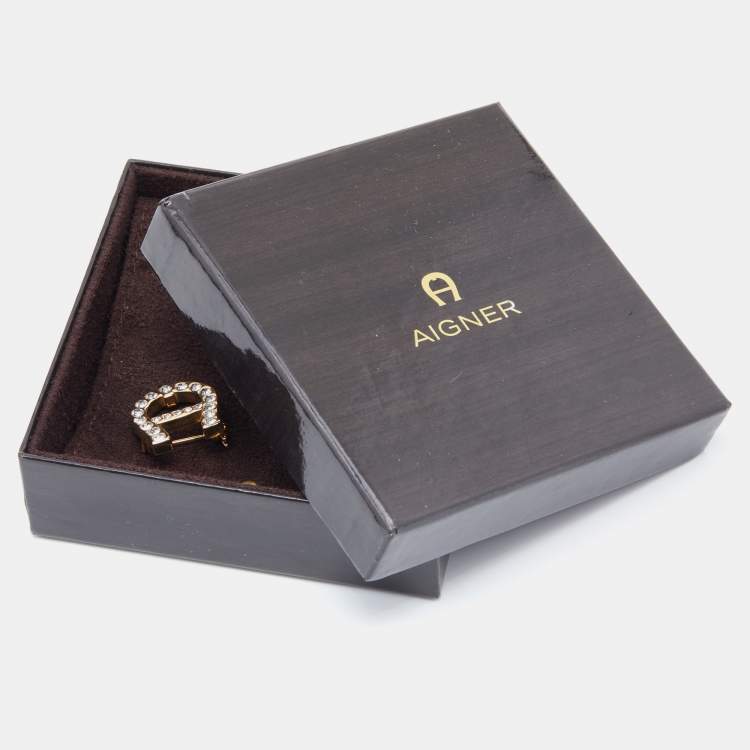Pre Owned Aigner Gold Tone Crystal Logo Pin Brooch