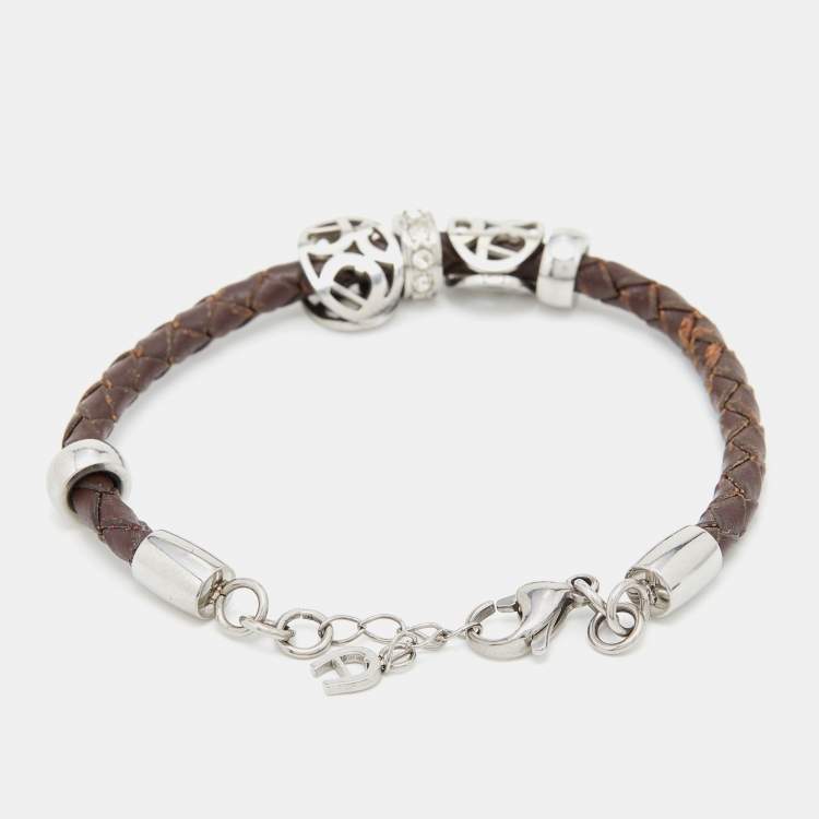 Pre Owned Aigner Crystal Logo Charm Brown Braided Leather Bracelet 