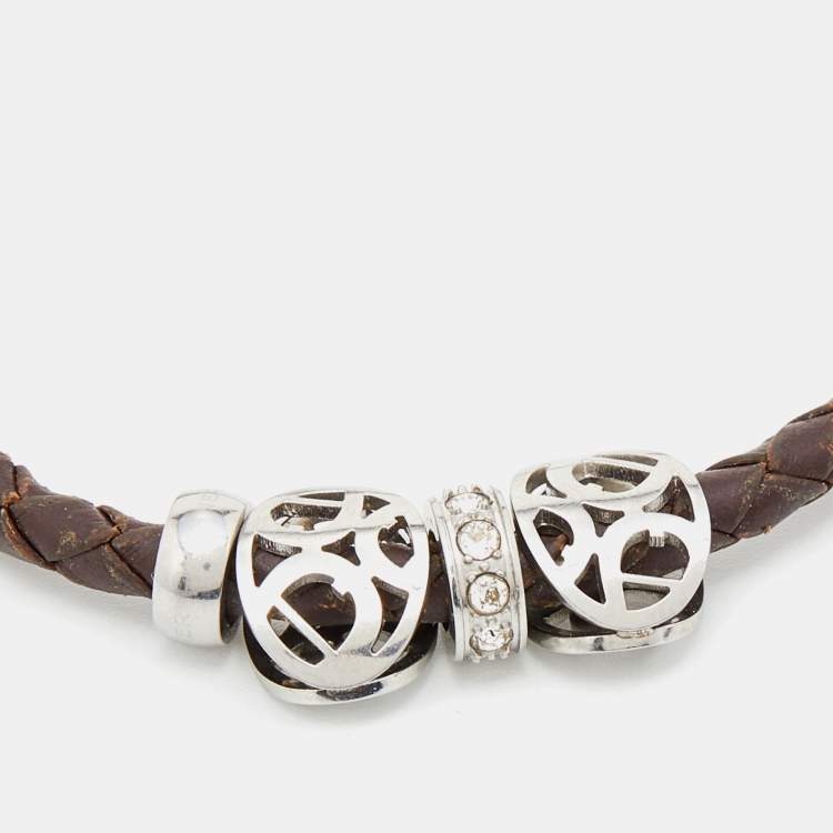 Pre Owned Aigner Crystal Logo Charm Brown Braided Leather Bracelet 
