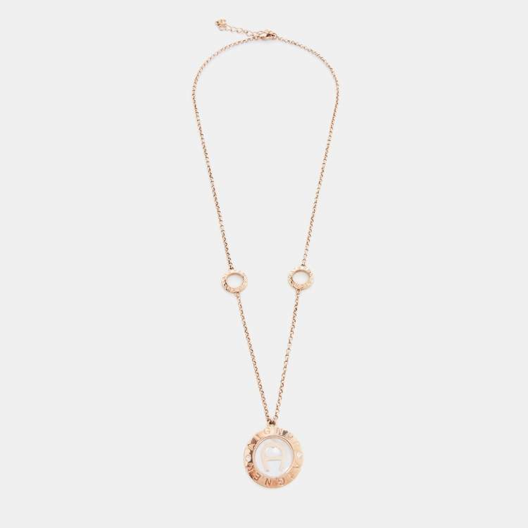 Pre Owned Aigner Mother of Pearl Crystals Gold Tone Long Chain Necklace