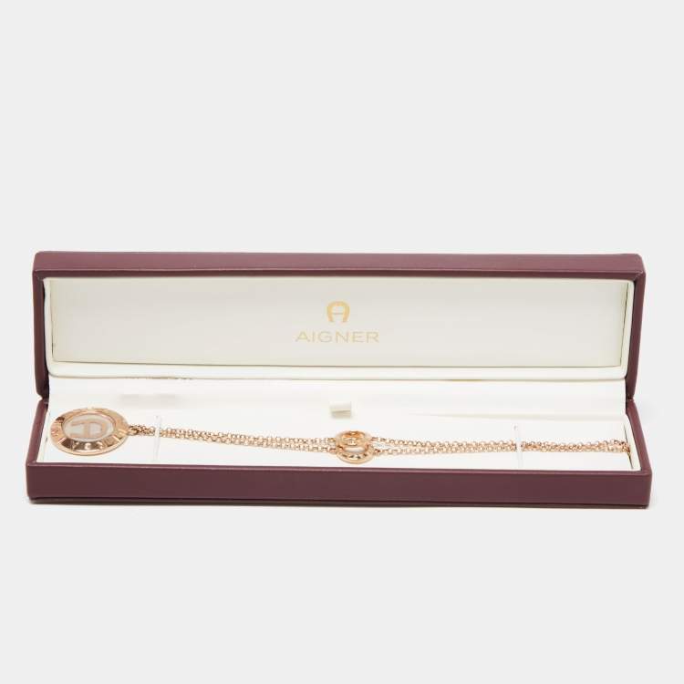 Pre Owned Aigner Mother of Pearl Crystals Gold Tone Long Chain Necklace