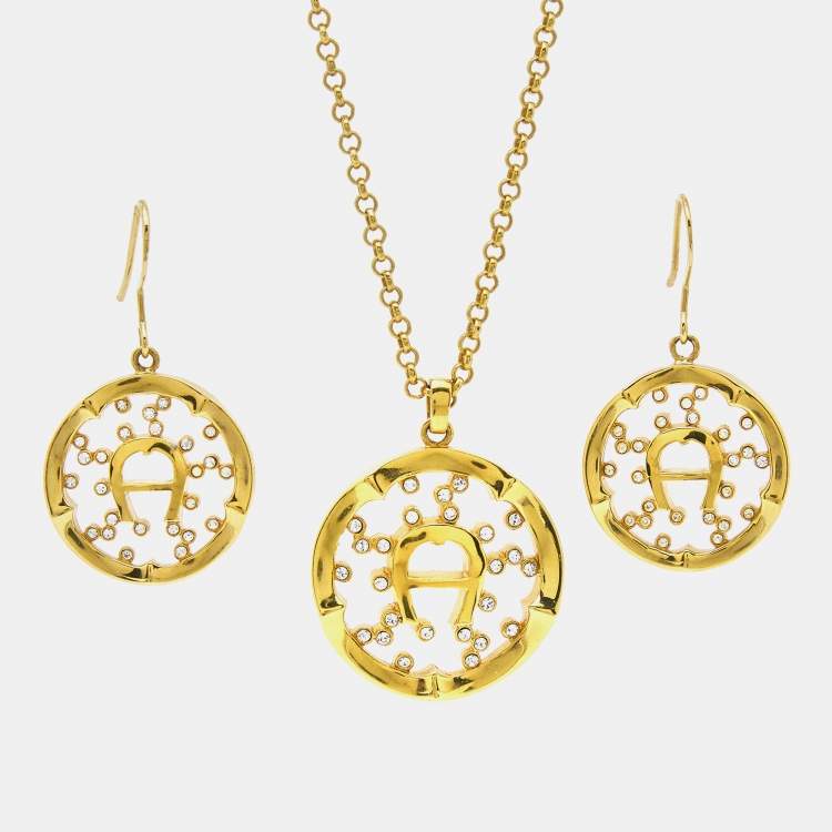 Aigner Gold Tone Crystal Embedded Logo Pendant Necklace & Earrings Set ...