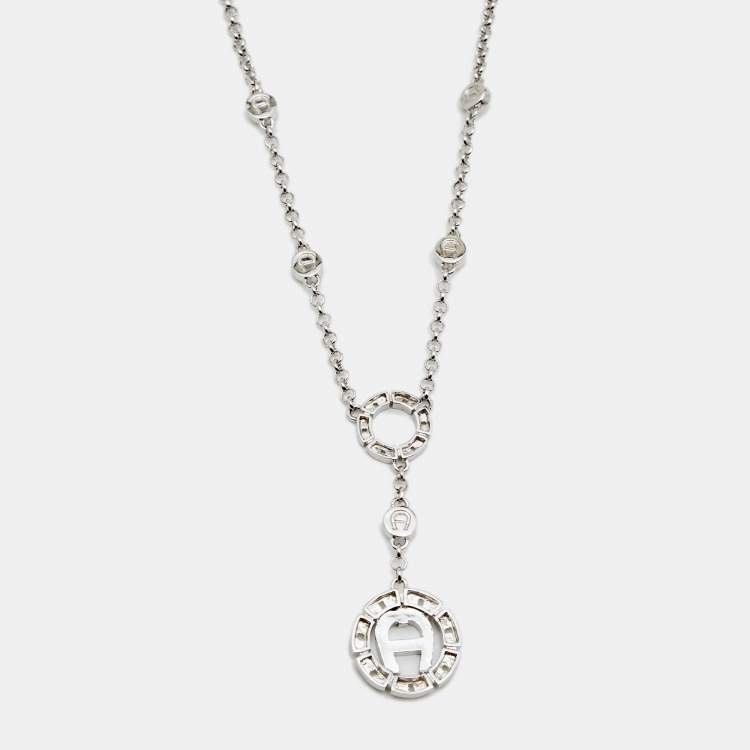 Pre Owned Aigner Silver-Tone Chain Link Crystal Pendant Necklace, Earrings & Ring Set