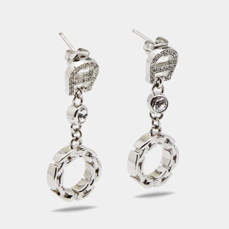 Pre Owned Aigner Silver-Tone Chain Link Crystal Pendant Necklace, Earrings & Ring Set