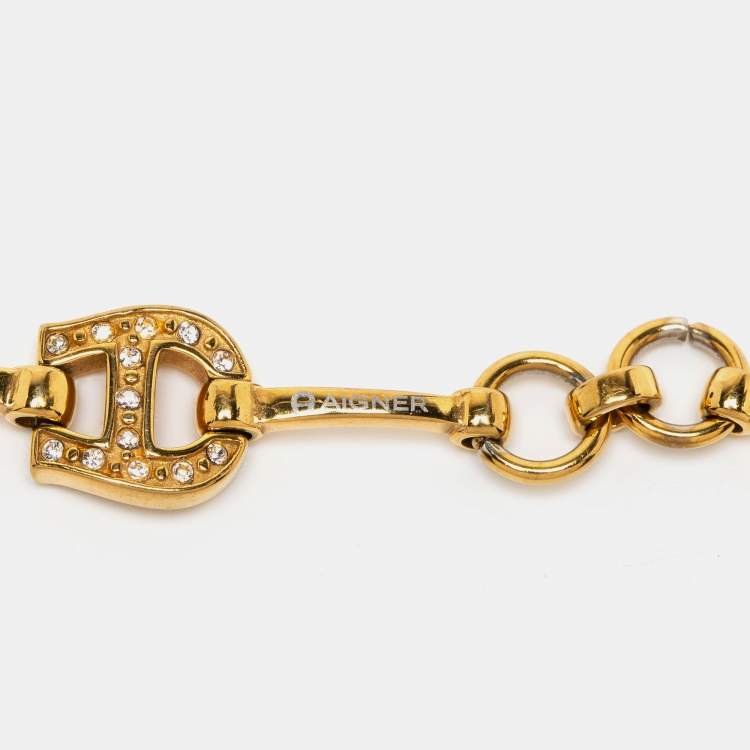 Pre Owned Aigner Gold Tone Crystal Logo Station Bracelet