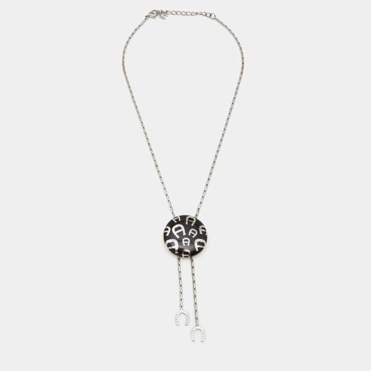 Pre Owned Aigner Silver Tone Round Logo & Horseshoe Charm Chain Necklace 