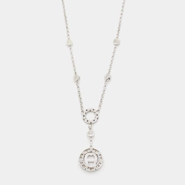 Pre Owned Aigner Silver Tone Chain Link Crystal Pendant Necklace