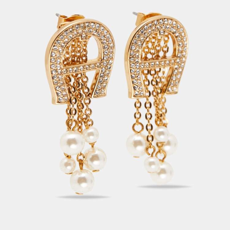 Aigner Capri Crystals Faux Pearl Gold Tone Earrings Aigner TLC