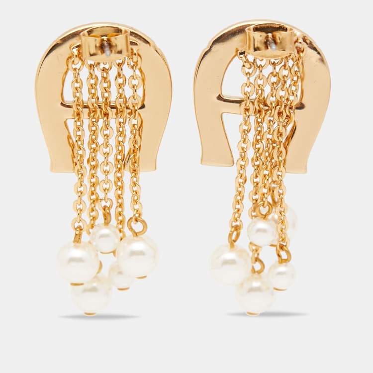 مملوكة مسبقًا Aigner Capri Crystals Faux Pearl Gold Tone Earrings