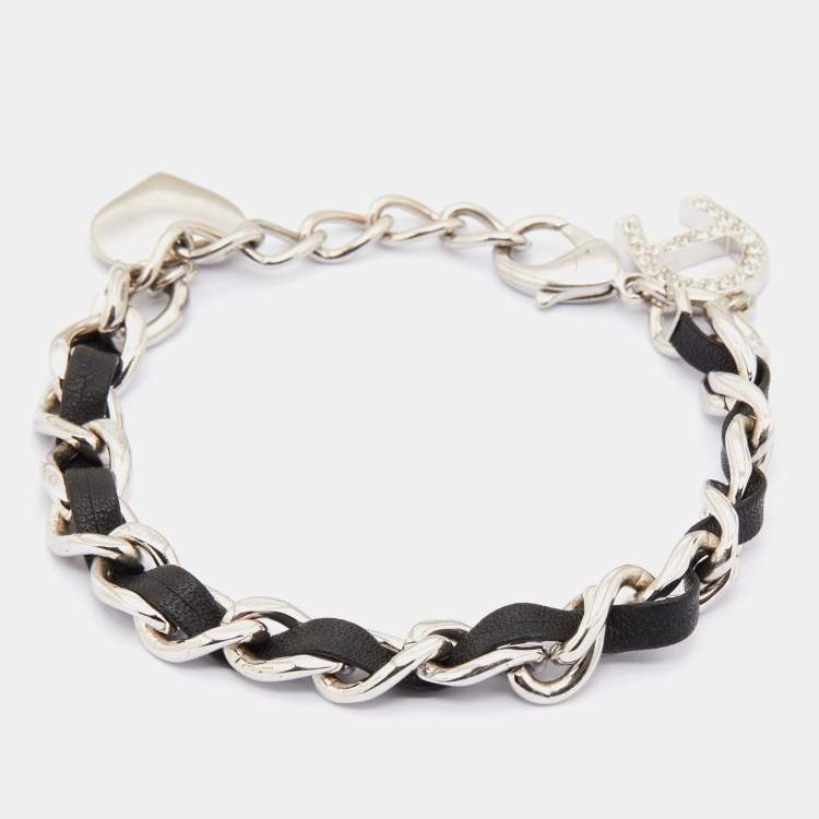 Pre Owned Aigner Black Leather & Silver Tone Metal Chain Bracelet