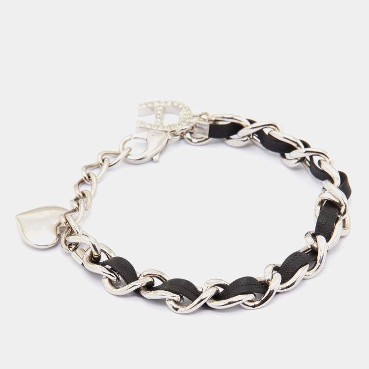 Pre Owned Aigner Black Leather & Silver Tone Metal Chain Bracelet