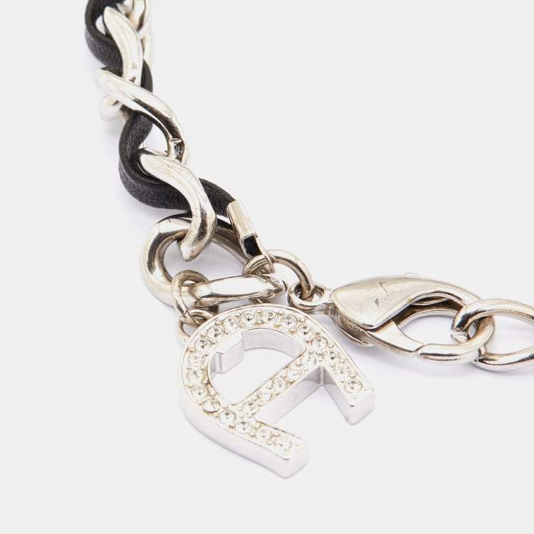 Pre Owned Aigner Black Leather & Silver Tone Metal Chain Bracelet