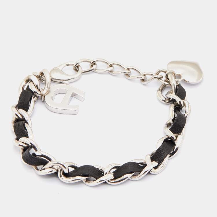 Pre Owned Aigner Black Leather & Silver Tone Metal Chain Bracelet