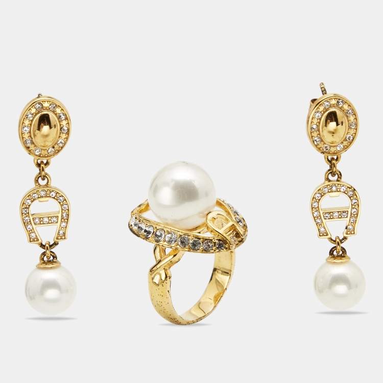 Pre Owned Aigner Crystal Faux Pearl Gold Tone Ring and Earrings