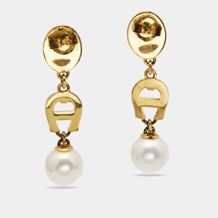 Pre Owned Aigner Crystal Faux Pearl Gold Tone Ring and Earrings