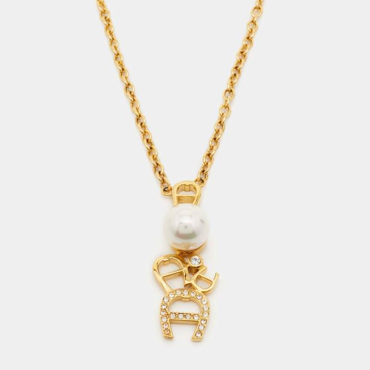 Pre Owned Aigner Crystal Faux Pearl Gold Tone Necklace