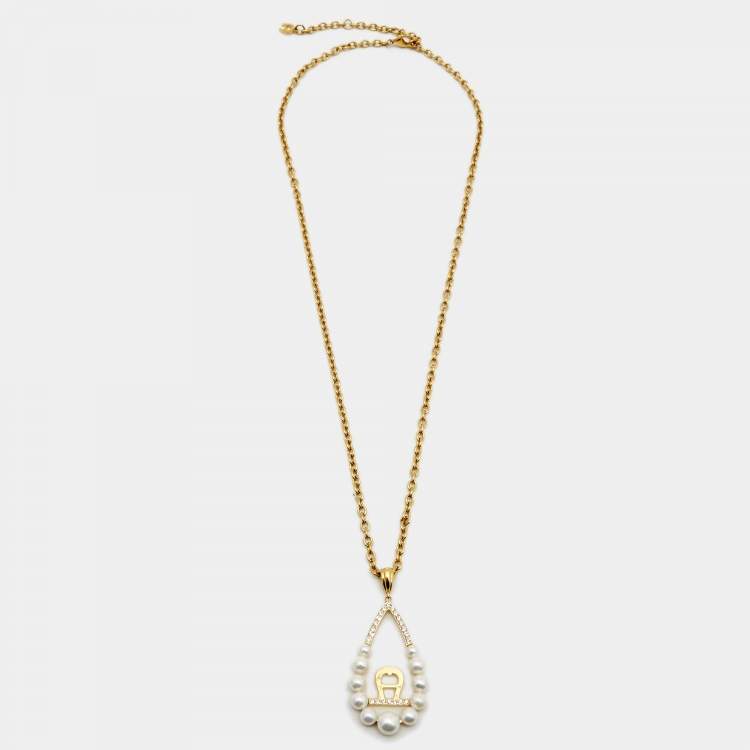 Aigner Faux Pearl Crystal Gold Tone Pendant Necklace Aigner TLC