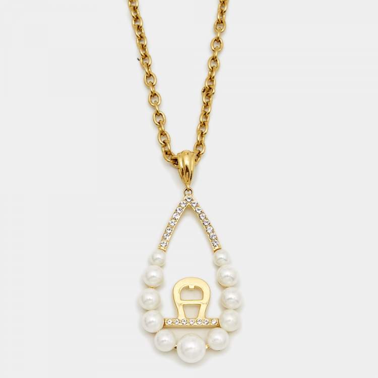 Pre Owned Aigner Faux Pearl Crystal Gold Tone Pendant Necklace