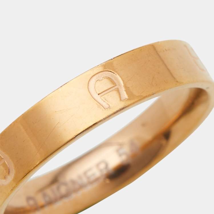 Pre Owned Aigner Gold Tone Logo Narrow Band Ring Size EU 54