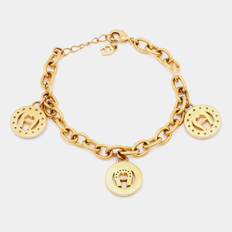 Pre Owned Aigner Gold Tone Logo Charm Chain Bracelet