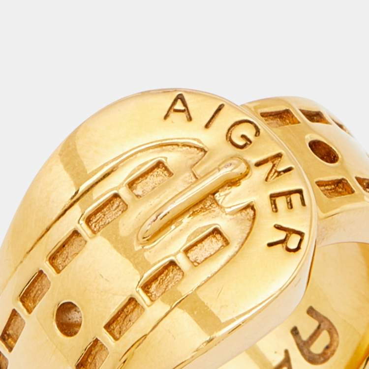 Pre Owned Aigner Gold Tone Belt Buckle Band Ring Size 53