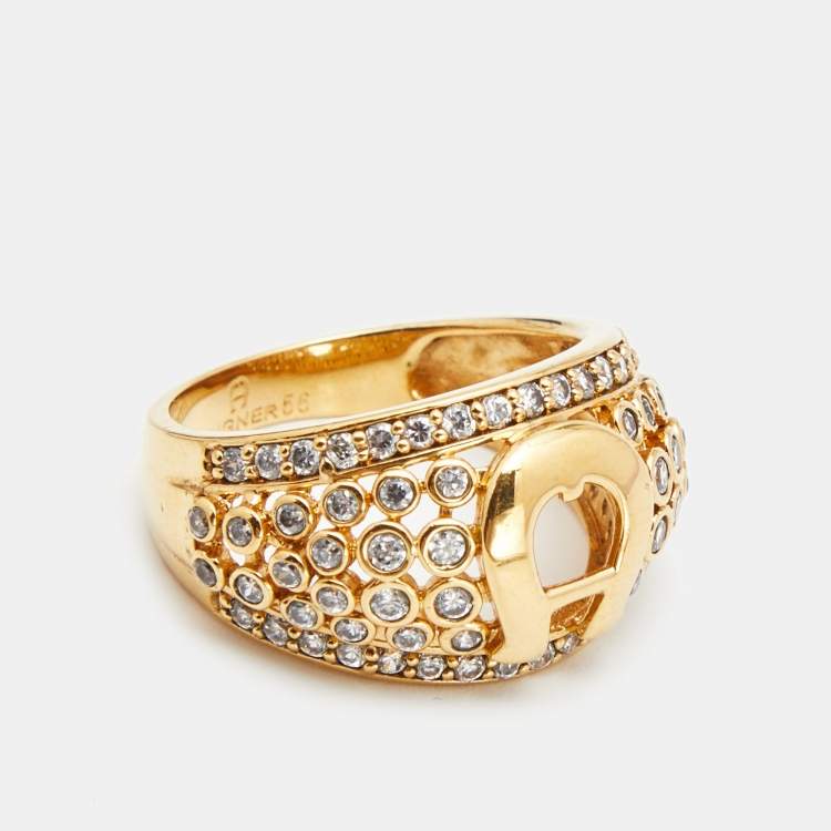 Pre Owned Aigner Crystals Gold Tone Ring Size 56