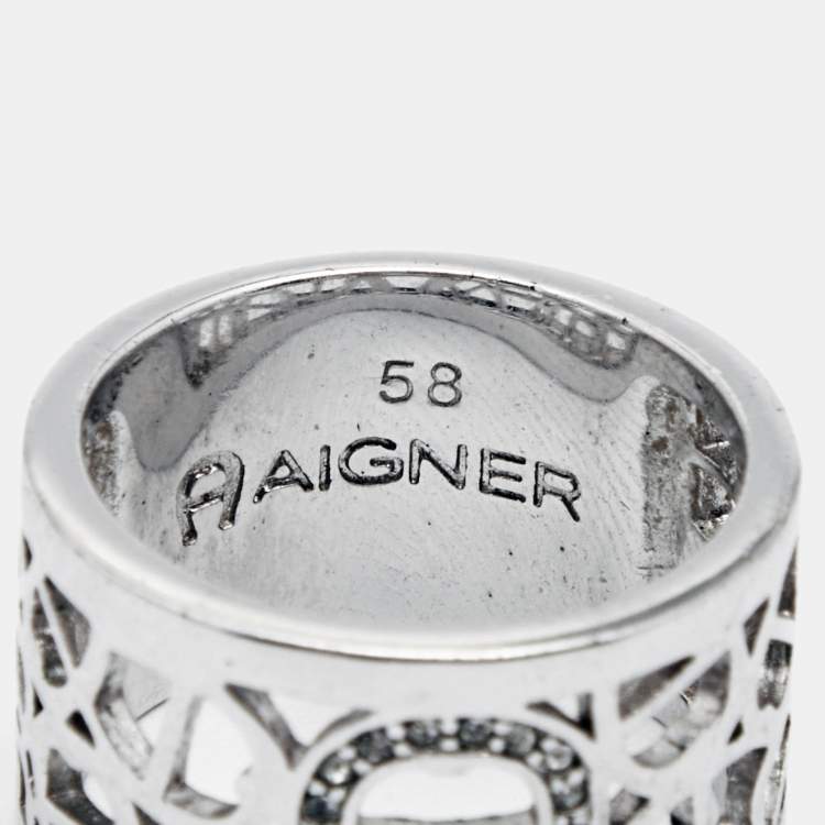 Pre Owned Aigner Crystals SIlver Tone Ring Size 58