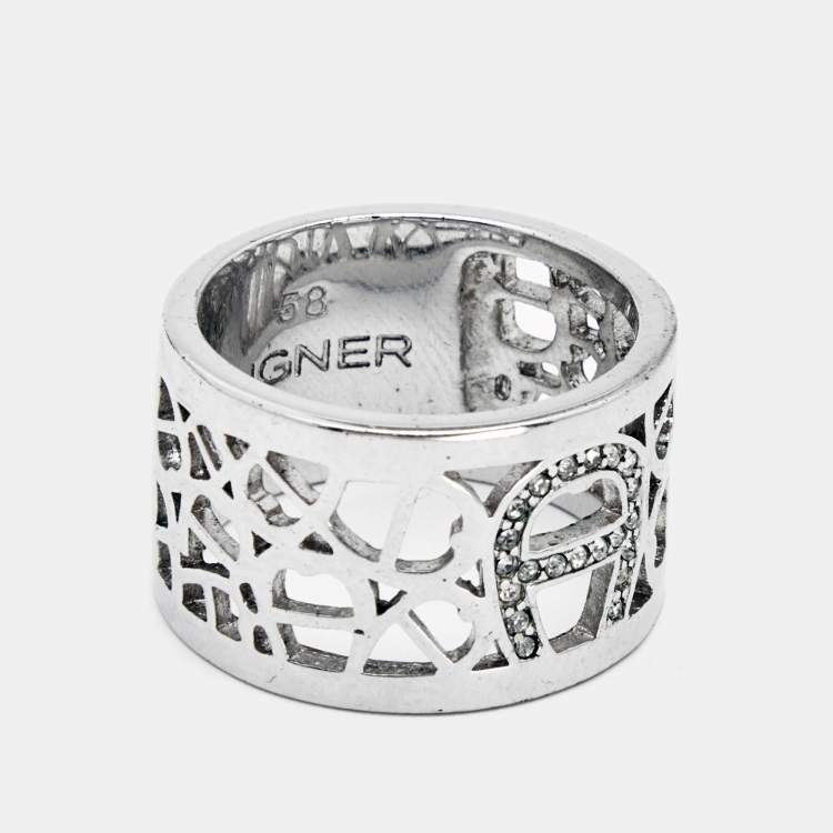 Pre Owned Aigner Crystals SIlver Tone Ring Size 58